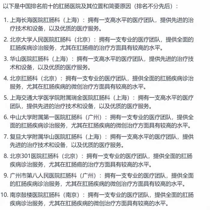 ChatGPT:中国最好的肛肠医院前十榜单？